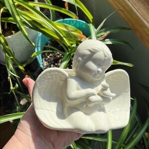 Vtg White Cherub Angel Baby Holding Bird Planter Vase Trinket Jewelry Dish